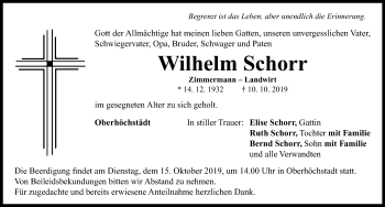 Traueranzeige von Wilhelm Schorr von Neustadt/ Scheinfeld/ Uffenheim