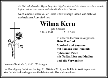 Traueranzeige von Wilma Kern von Rothenburg