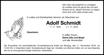 Traueranzeige von Adolf Schmidt von Neustadt/ Scheinfeld/ Uffenheim