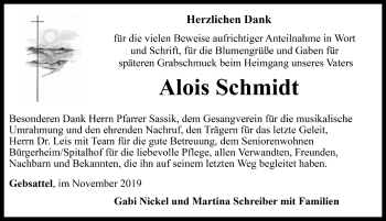 Traueranzeige von Alois Schmidt von Rothenburg