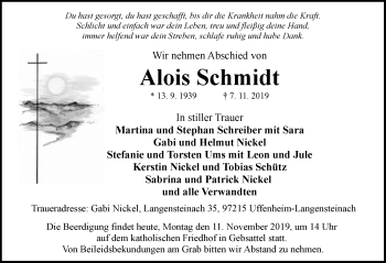 Traueranzeige von Alois Schmidt von Neustadt/ Scheinfeld/ Uffenheim