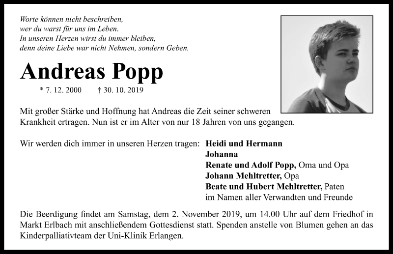  Traueranzeige für Andreas Popp vom 01.11.2019 aus Neustadt/ Scheinfeld/ Uffenheim