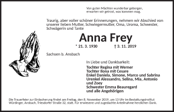 Traueranzeige von Anna Frey von Ansbach