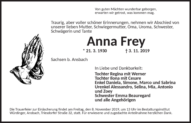 Traueranzeigen von Anna Frey | trauer.flz.de