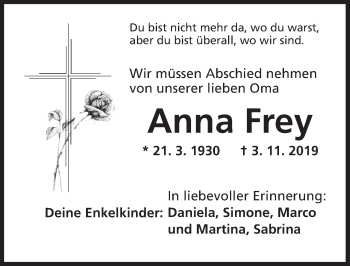 Traueranzeige von Anna Frey von Ansbach