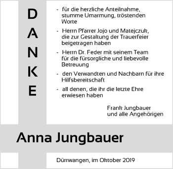 Traueranzeige von Anna Jungbauer von Dinkelsbühl/ Feuchtwangen