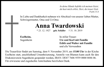 Traueranzeige von Anna Twardowski von Neustadt/ Scheinfeld/ Uffenheim