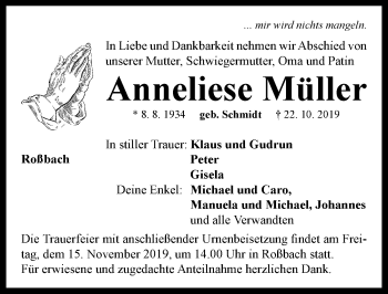 Traueranzeige von Anneliese Müller von Neustadt/ Scheinfeld/ Uffenheim