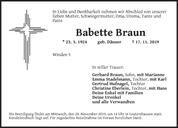 Traueranzeige von Babette Braun von Ansbach