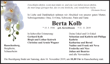 Traueranzeige von Berta Kolb von Neustadt/ Scheinfeld/ Uffenheim