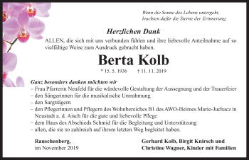 Traueranzeige von Berta Kolb von Neustadt/ Scheinfeld/ Uffenheim