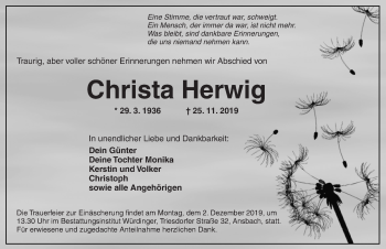 Traueranzeige von Christa Herwig von Ansbach