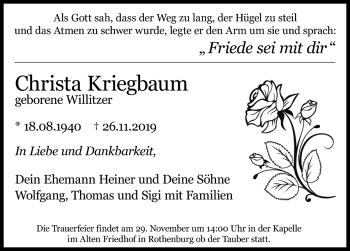 Traueranzeige von Christa Kriegbaum von Rothenburg