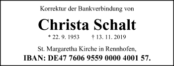 Traueranzeige von Christa Schalt von Neustadt/ Scheinfeld/ Uffenheim