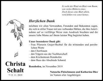 Traueranzeige von Christa Schalt von Neustadt/ Scheinfeld/ Uffenheim