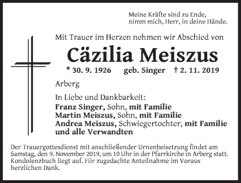 Traueranzeige von Cäzilia Meiszus von Ansbach