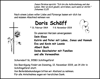 Traueranzeige von Doris Schäff von Rothenburg (Fränkischer Anzeiger)