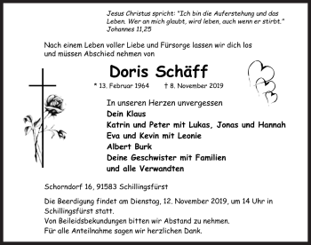 Traueranzeige von Doris Schäff von Rothenburg