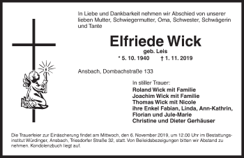 Traueranzeige von Elfriede Wick von Ansbach