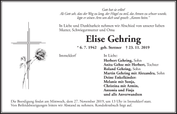 Traueranzeige von Elise Gehring von Ansbach