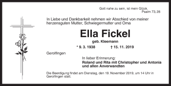 Traueranzeige von Ella Fickel von Dinkelsbühl/ Feuchtwangen