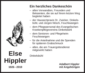 Traueranzeige von Else Hippler von Dinkelsbühl/ Feuchtwangen