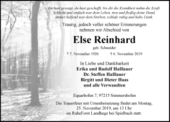 Traueranzeige von Else Reinhard von Neustadt/ Scheinfeld/ Uffenheim