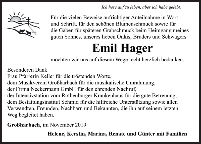  Traueranzeige für Emil Hager vom 09.11.2019 aus Rothenburg
