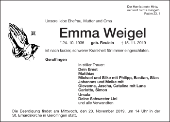 Traueranzeige von Emma Weigel von Dinkelsbühl/ Feuchtwangen