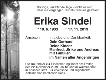 Traueranzeige von Erika Sindel von Ansbach