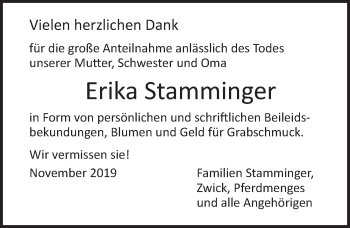 Traueranzeige von Erika Stamminger von Ansbach