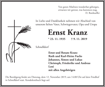 Traueranzeige von Ernst Kranz von Dinkelsbühl/ Feuchtwangen