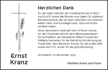 Traueranzeige von Ernst Kranz von Dinkelsbühl/ Feuchtwangen