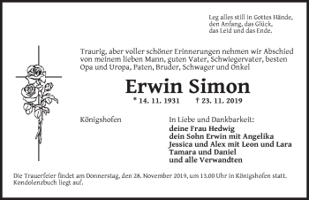 Traueranzeige von Erwin Simon von Dinkelsbühl/ Feuchtwangen