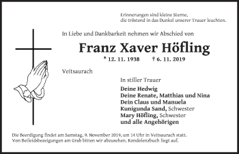 Traueranzeige von Franz Xaver Höfling von Ansbach