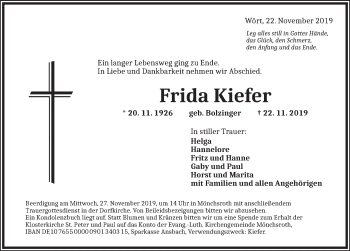 Traueranzeige von Frida Kiefer von Dinkelsbühl/ Feuchtwangen