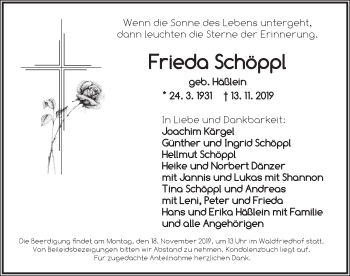 Traueranzeige von Frieda Schöppl von Ansbach