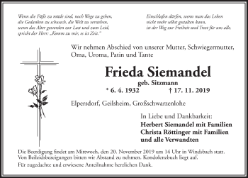 Traueranzeige von Frieda Siemandel von Ansbach