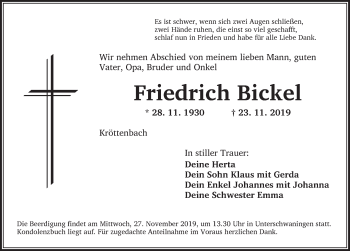 Traueranzeige von Friedrich Bickel von Dinkelsbühl/ Feuchtwangen