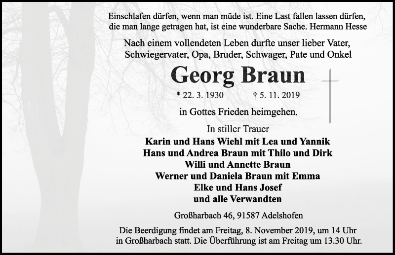  Traueranzeige für Georg Braun vom 07.11.2019 aus Neustadt/ Scheinfeld/ Uffenheim