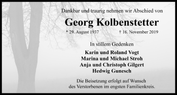 Traueranzeige von Georg Kolbenstetter von Rothenburg