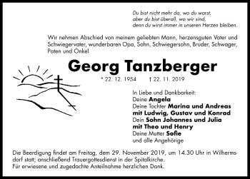 Traueranzeige von Georg Tanzberger von Neustadt/ Scheinfeld/ Uffenheim