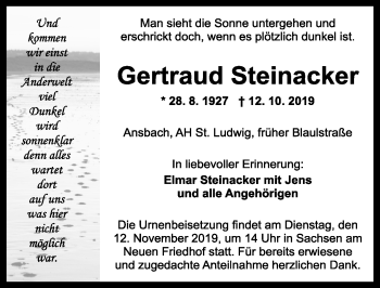 Traueranzeige von Gertraud Steinacker von Ansbach