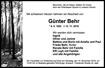 Traueranzeige von Günter Behr von Ansbach
