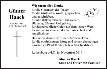Traueranzeige von Günther Haack von Rothenburg