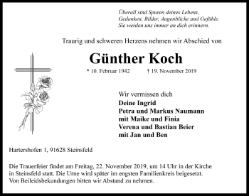 Traueranzeige von Günther Koch von Rothenburg