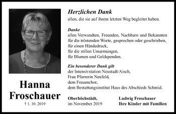 Traueranzeige von Hanna Froschauer von Neustadt/ Scheinfeld/ Uffenheim