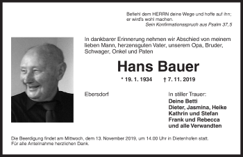 Traueranzeige von Hans Bauer von Ansbach