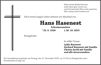 Traueranzeige von Hans Hasenest von Dinkelsbühl/ Feuchtwangen