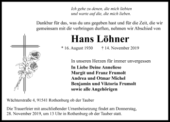 Traueranzeige von Hans Löhner von Rothenburg